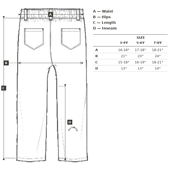 Table displaying measurements for children's clothing sizes 3-4 years, 5-6 years, and 7-8 years.
