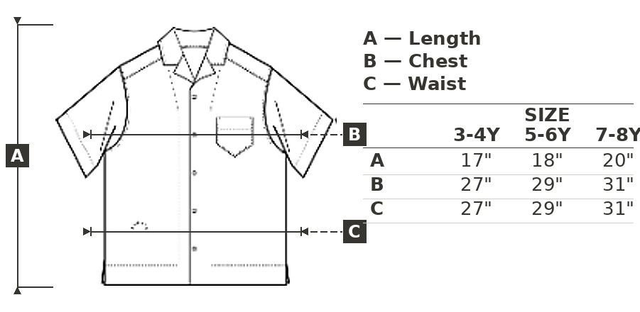 Measurement chart for a shirt with labeled dimensions and size chart.
