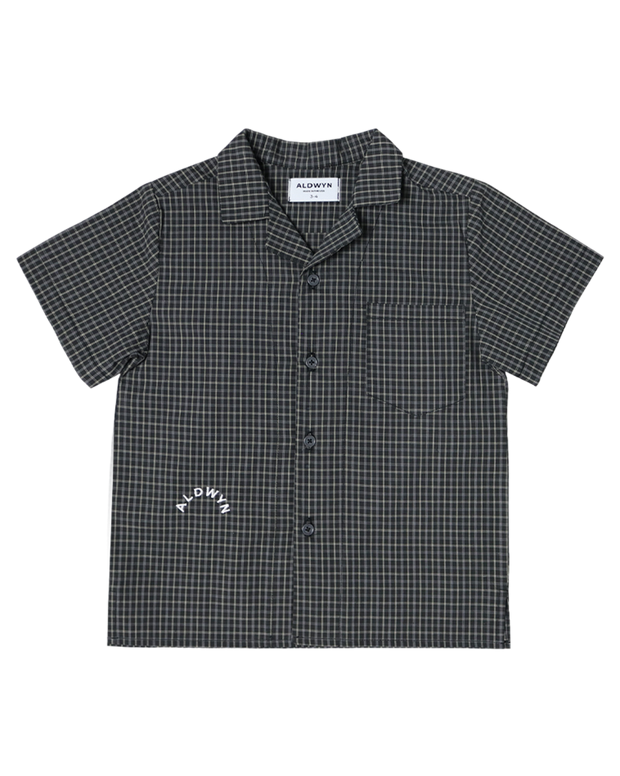 Black and white checkered shirt with brand logo on a white background