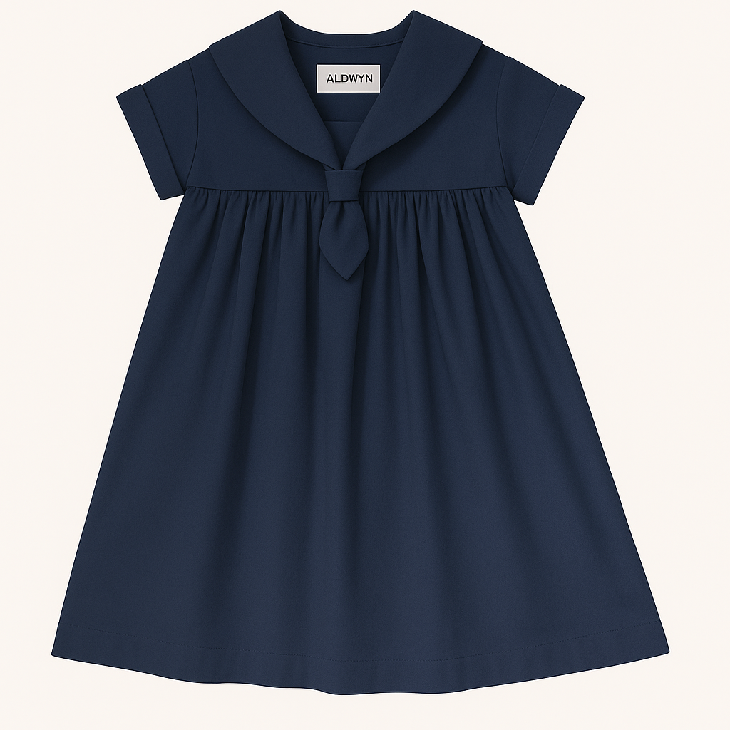 Navy blue dress with a collar on a white background