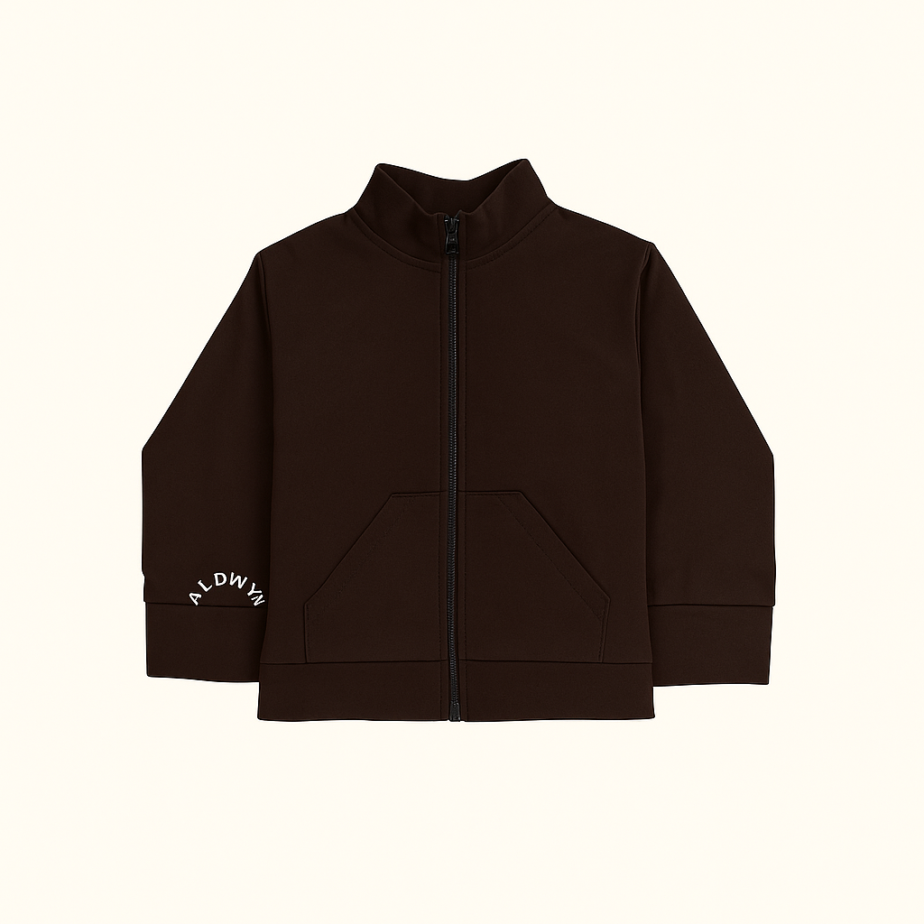 Brown zip-up jacket with a brand logo on a white background