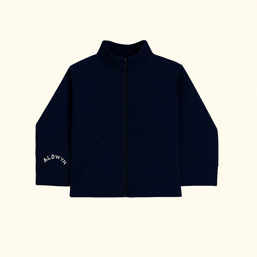 Navy blue zip-up jacket with ALDWYN branding on a beige background