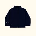 Navy blue zip-up jacket with ALDWYN branding on a beige background