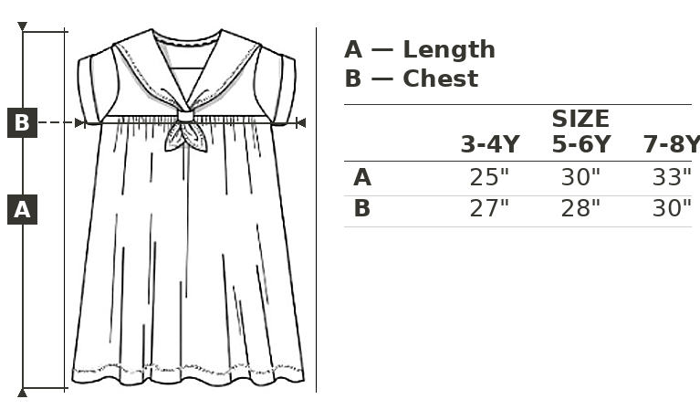 Measurement chart for children's clothing sizes 3-4 years, 5-6 years, and 7-8 years with length and chest dimensions.