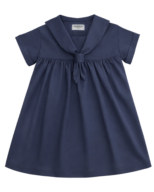 Navy blue dress with a bow detail on a white background