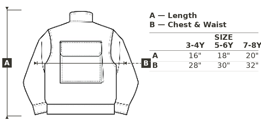 Size chart for children's clothing with measurements in inches for length and chest/waist.
