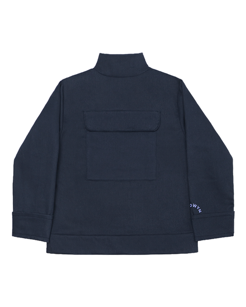 Navy blue jacket with a pocket on the back against a white background