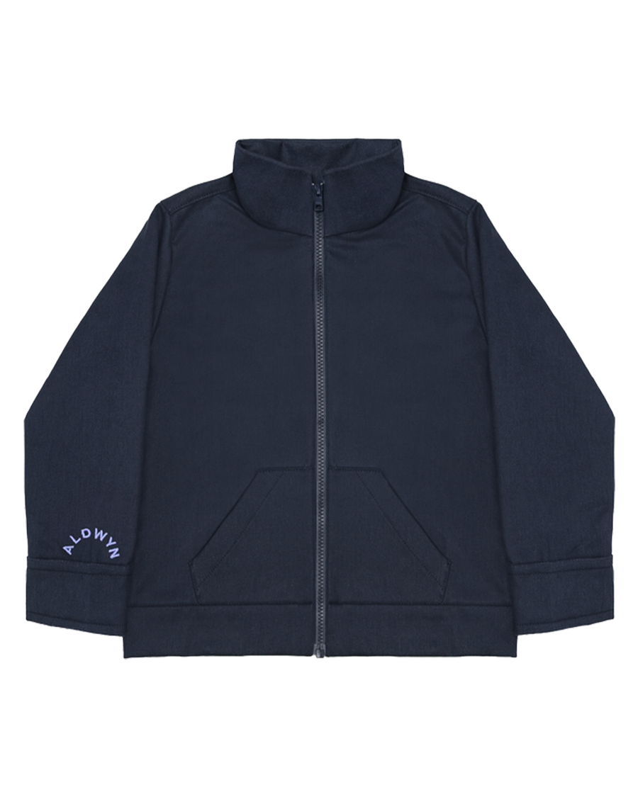 Navy blue jacket with a brand logo on a white background