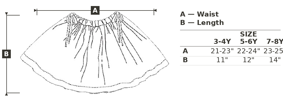 Measurement chart for a skirt with waist and length dimensions.