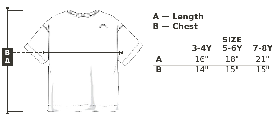 Measurement chart for a children's t-shirt with dimensions labeled A and B, and size chart for ages 3-4Y to 7-8Y.