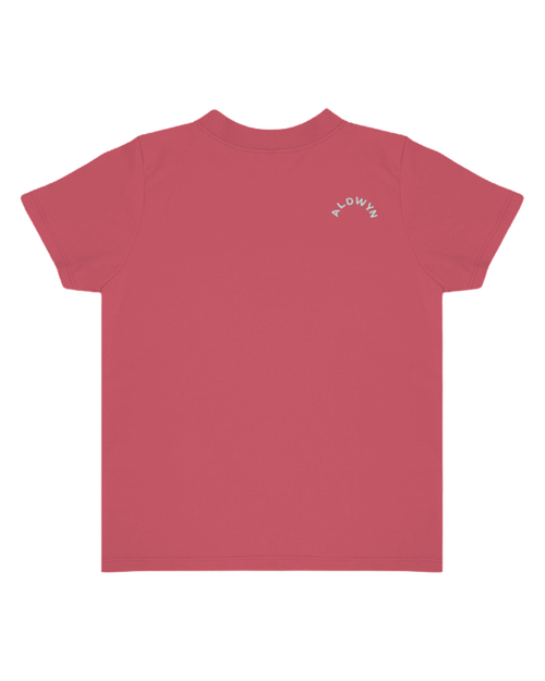 Red t-shirt with a small logo on the chest against a white background